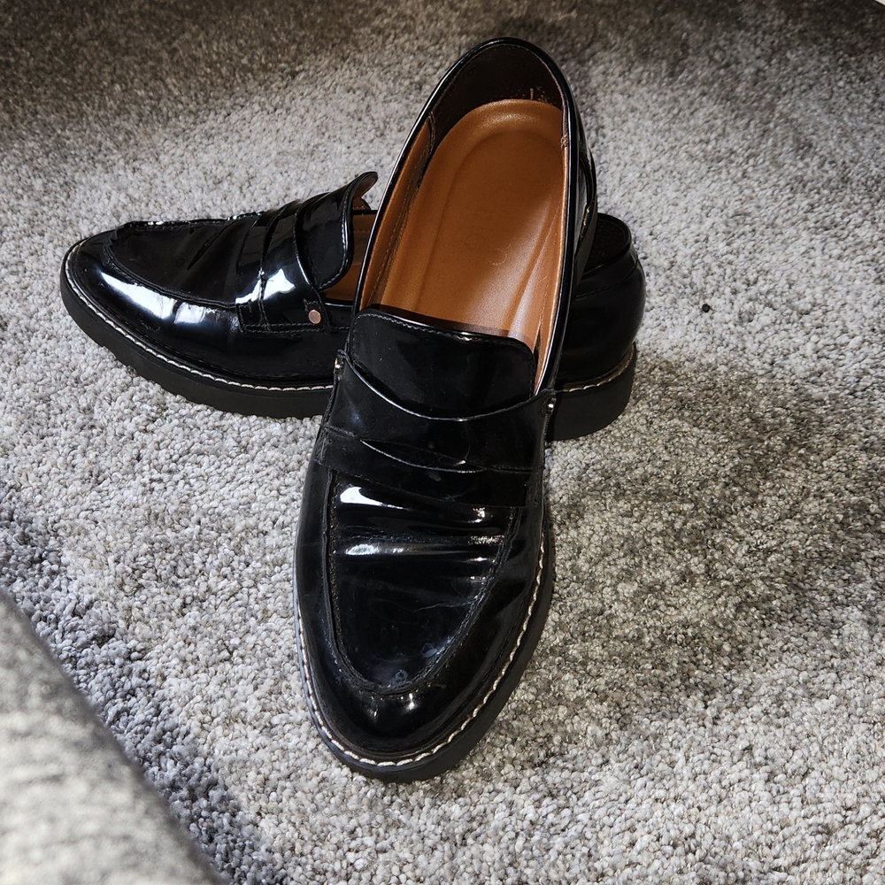 Franco Sarto Black Patent Leather Lug Sole Penny Loafer